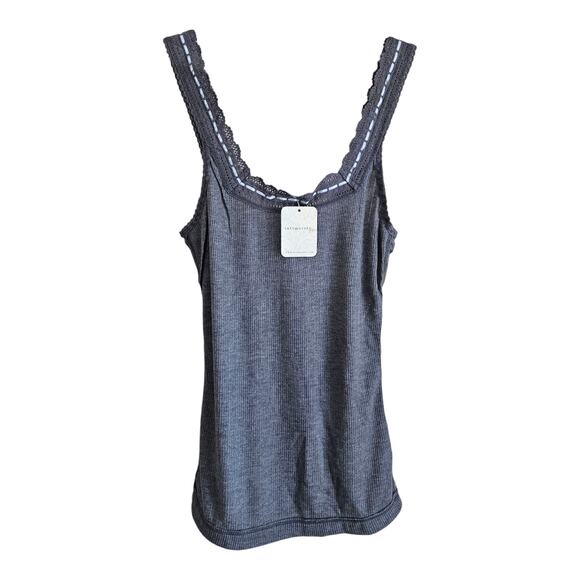 FREE PEOPLE Women's XS Only You Tank Top Ribbed Gray White Ribbon Trim NEW - Picture 1 of 6